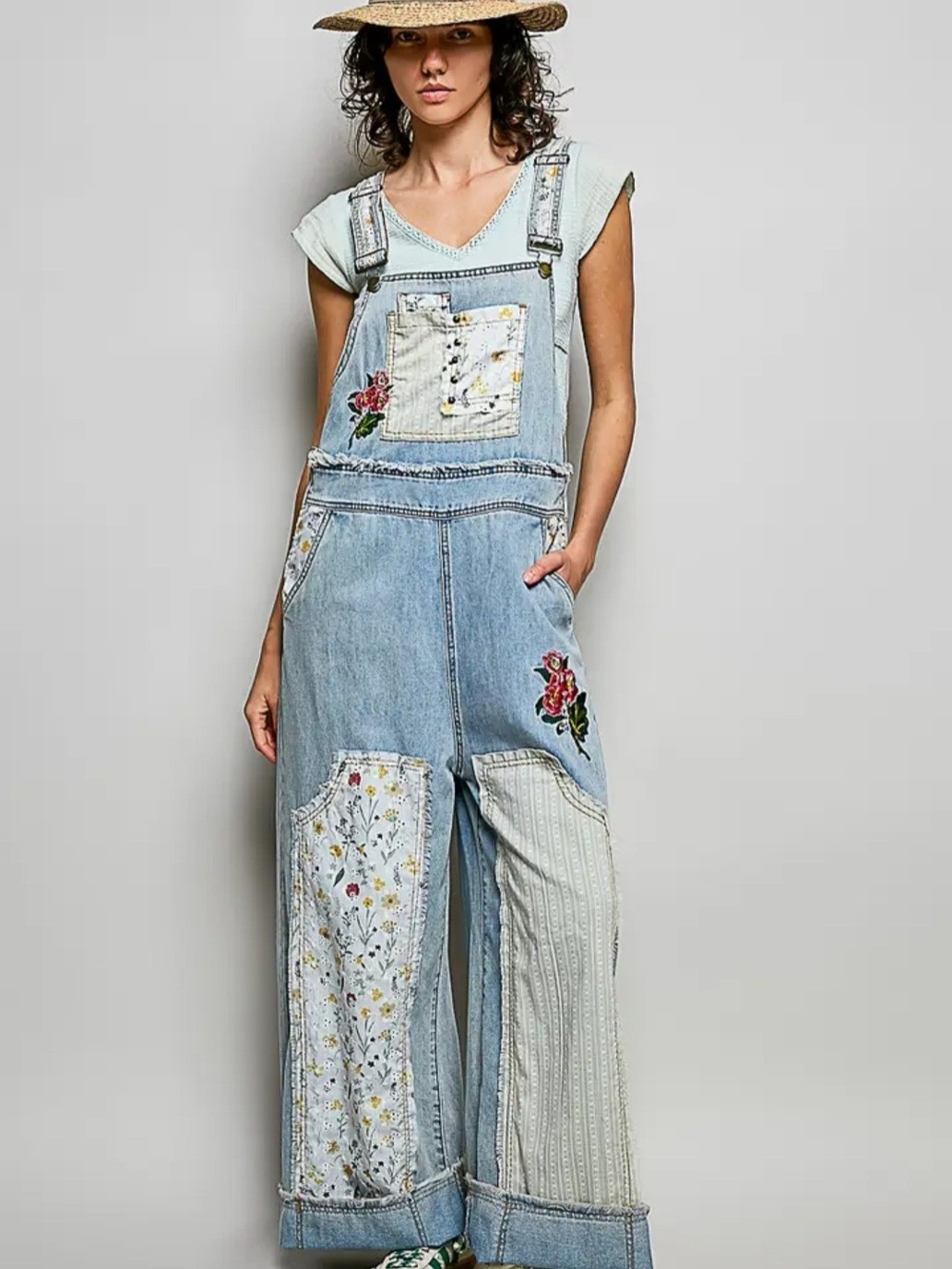 POL Light Blue Denim Overalls with Floral Embroidery NWOT